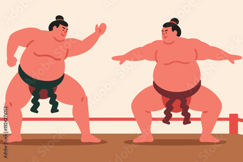 Illustration Of Two Sumo Wrestlers Posing Ready To Fight In The Match Arena Vector Design Template