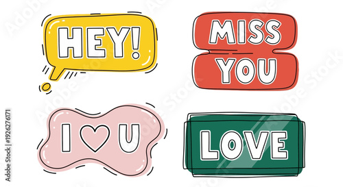 Colorful text stickers with love and speech bubbles on white background dfghtred 144.ai