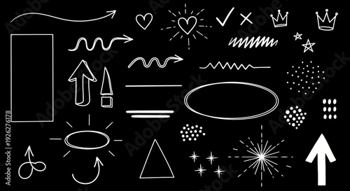 A collection of various white graphic symbols and icons on a black background including dfghtred elements.