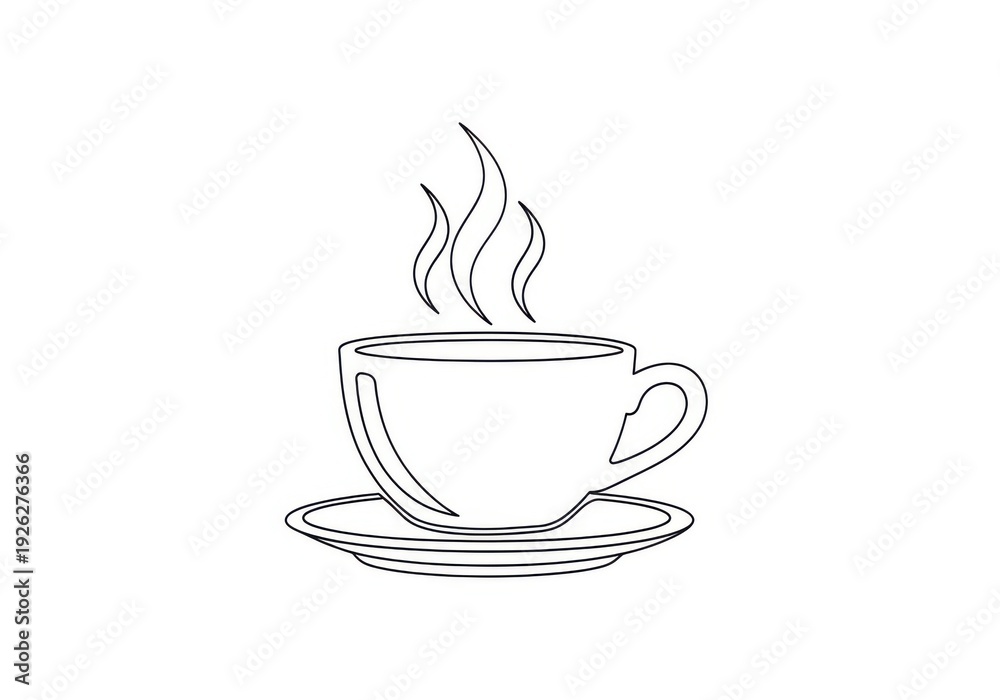 Fototapeta premium A simple line drawing of a steaming cup of coffee on a saucer