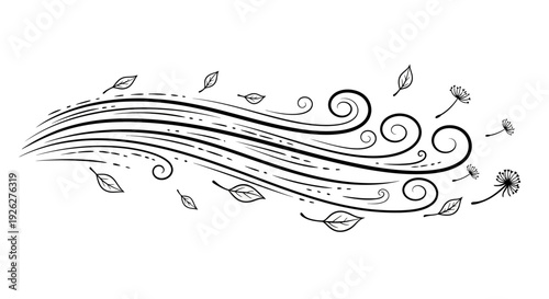 A whimsical illustration of swirling lines and flowers with leaves floating freely.