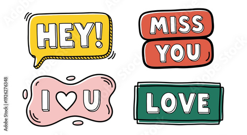 A colorful illustration of speech bubbles and love stickers with texts on them