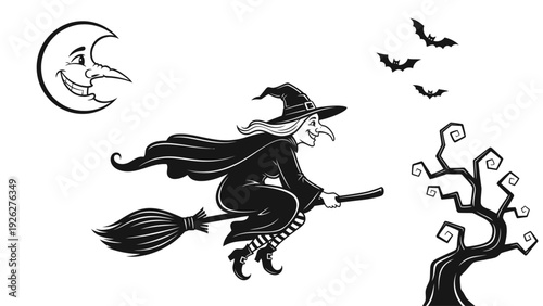 Black and white illustration of a witch flying on a broomstick under a crescent moon with bats and a twisted tree in the background.