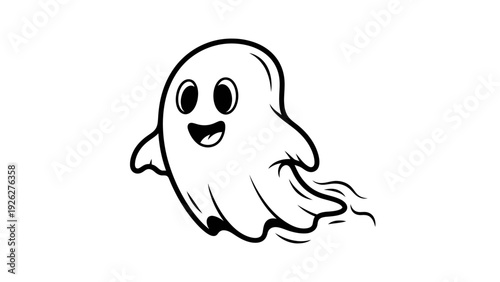 A cheerful cartoon ghost with a smiling face and outstretched arms against a clean white background.