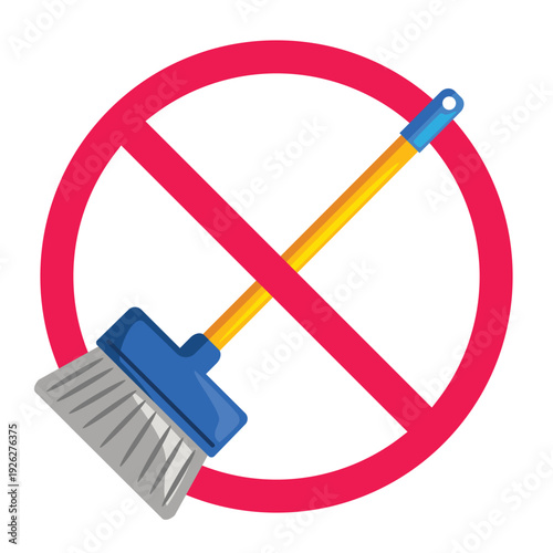 No broom sign, prohibited cleaning tool symbol vector, forbidden cleaning sign, vector illustration
