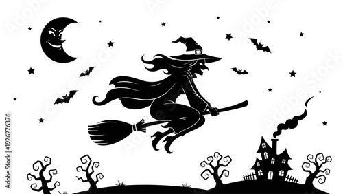 Black silhouette of a witch flying on a broomstick against a night sky with a crescent moon, bats, and a haunted house in the background.