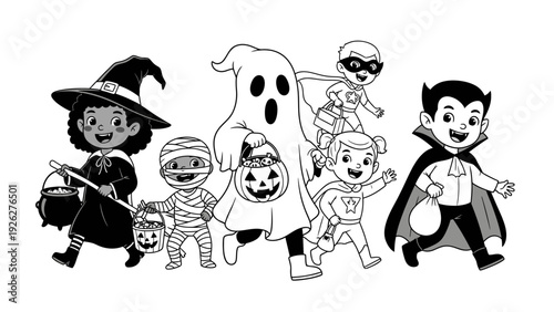 Black and white illustration of a group of happy children in various Halloween costumes standing against a clean white background with a playful and spooky mood.