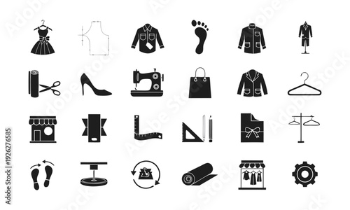 Fashion sewing and tailoring equipment glyph icon set black silhouette clothing industry symbols vector illustration, easily editable.