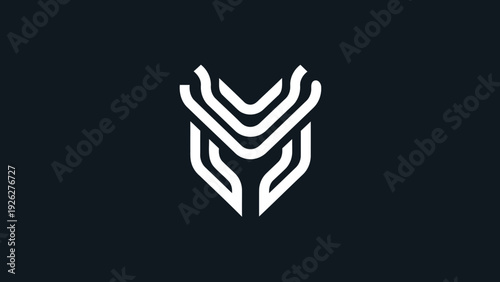Abstract geometric white symbol resembling a stylized owl or mask.