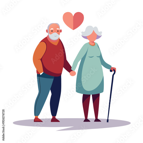 An elderly couple holding hands with a red heart above them