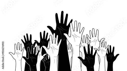 A group of raised hands in black and white illustration on a white background with varying shades of gray.