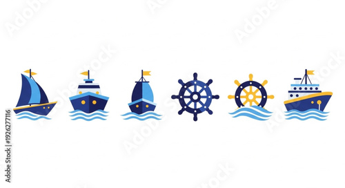 Collection of various blue and white nautical themed boat and ship illustrations.