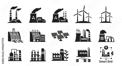 Collection of various industrial power plants and renewable energy sources.