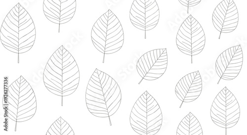 Delicate seamless pattern of leaf outlines with fine veins in light gray on a white background, creating a soft botanical and natural texture.