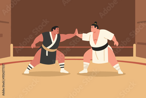 Illustration Of A Sumo Match, Two Sumo Wrestlers Ready To Compete, In The Arena Vector Design Template