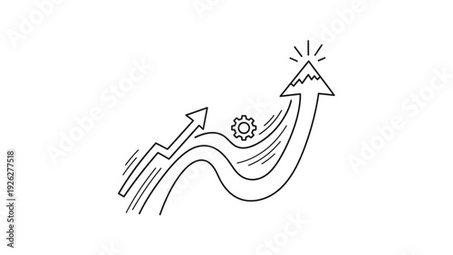 A simple line drawing of a winding road with a gear and an upward-pointing arrow leading to a mountain peak with sun rays on a white background.