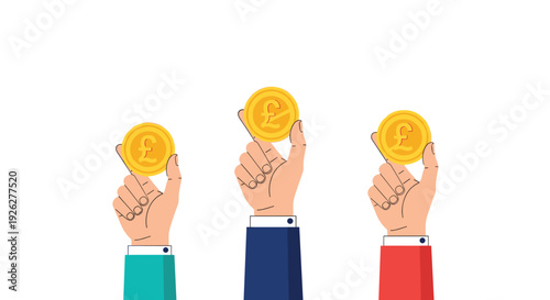 Three hands in different colored suits holding up golden pound coins against a plain white background, symbolizing diverse financial success.