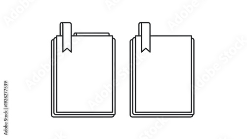 This simple line art vector design presents two organized piles of documents or books, both featuring a distinct bookmark, representing efficient information access and important reading materials.