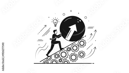 A businessperson pushes a large arrow up a steep incline surrounded by gears and arrows on a white background with a monochromatic color scheme.