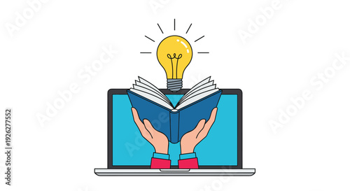 Conceptual illustration of a laptop screen with hands holding an open book and a glowing lightbulb above it, representing online education.