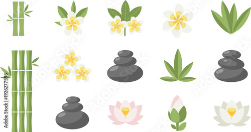 Flat Vector Illustration Set of Zen Spa Elements with Bamboo Frangipani Lotus and Basalt Stones