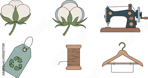Sustainable Fashion Icon Set with Cotton, Sewing Machine, and Recycle Tag in Flat Vector Style