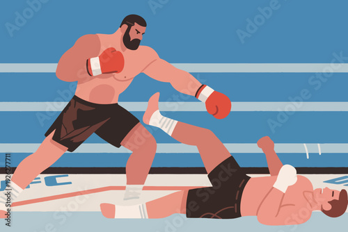 Illustration Of A Boxing Match, A Boxer Punches His Opponent Until He Falls In The Arena Vector Design Template