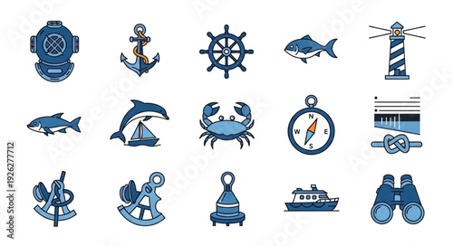 Collection of nautical themed illustrations featuring various marine elements and objects.