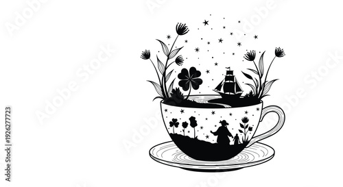 Intricate black and white illustration of a teacup containing a ship, flowers, stars, and a silhouette figure, representing dreams and travel.