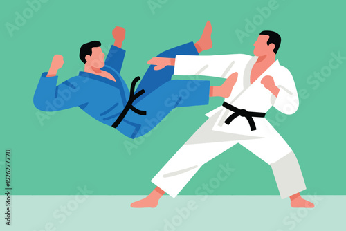 Illustration Of A Taekwondo Match Where An Athlete Jumps And Kicks His Opponent, And His Opponent Blocks It Vector Design Template