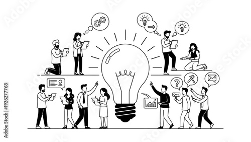 Black and white illustration of diverse business professionals brainstorming ideas around a large lightbulb with thought bubbles and various office equipment on a clean white background.