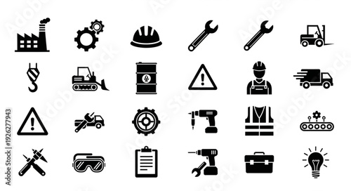 Collection of industrial and construction icons representing various tools and equipment.