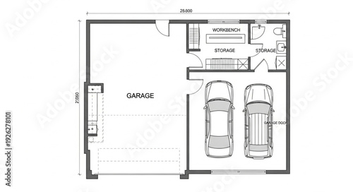 Detailed floor plan of a garage with two cars and storage space.