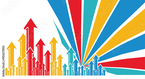 Vibrant composition of colorful arrows pointing upwards against a dynamic sunburst background, representing growth, success, and progress.