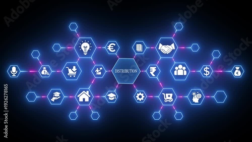 Wallpaper Mural Distribution Concept with Various Business and Finance on a Neon Hexagonal Network Torontodigital.ca