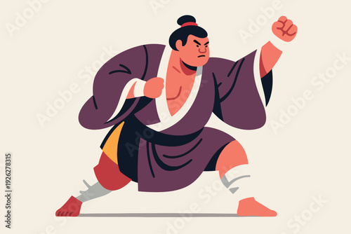 Illustration Of A Sumo Wrestler Standing In Traditional Clothing, In A Pose Ready To Compete Vector Design Template