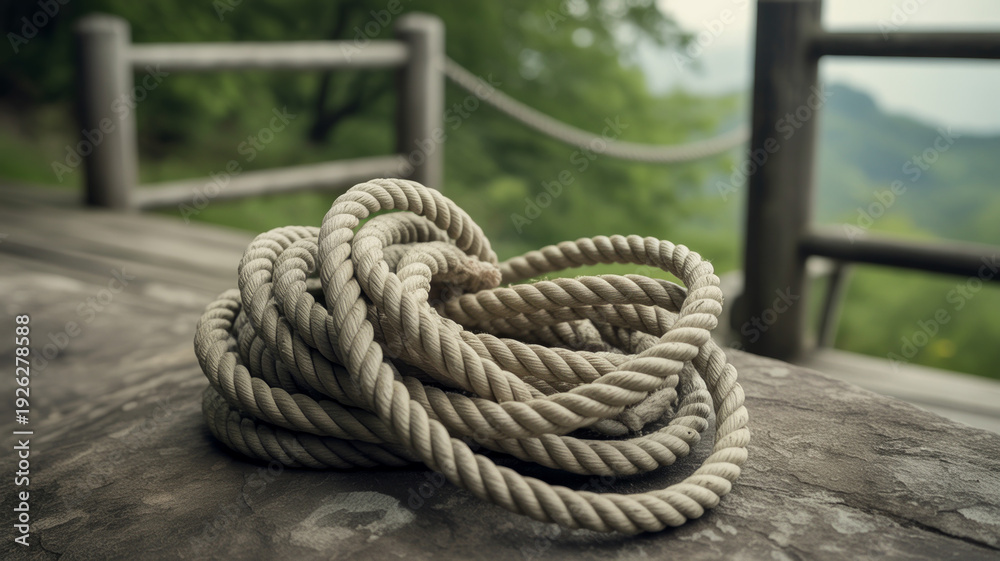 Fototapeta premium A coiled rope rests on a wooden railing overlooking a hazy mountain view