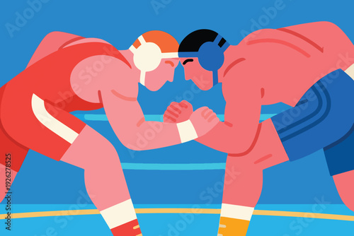 Illustration Of Two Wrestling Athletes Competing, With Their Heads Close Together, To Perform A Striking Technique Vector Design Template
