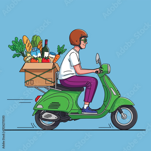 A person riding a green scooter with a box of fresh groceries on the back against a blue background