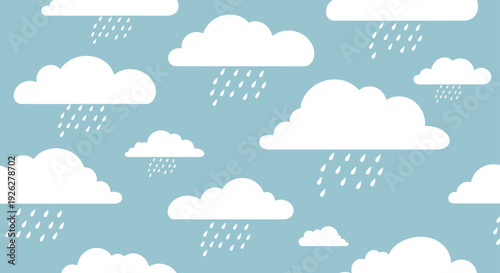 Cute seamless pattern featuring white fluffy clouds with falling raindrops on a soft blue background, ideal for nursery or children's textile.