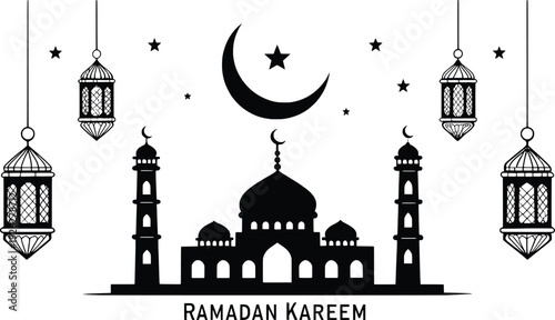 Silhouette of a mosque with lanterns and a crescent moon for ramadan