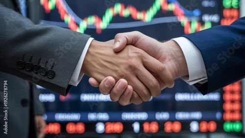 Business partners shake hands against a blurred stock market background