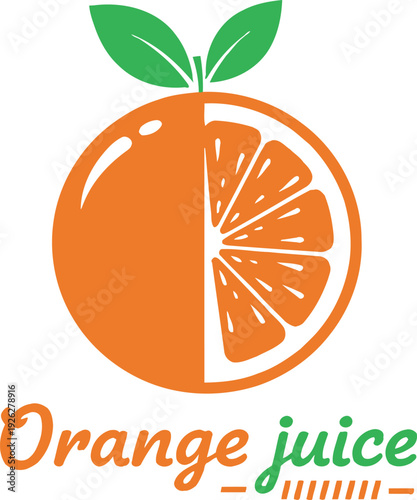 Flat vector logo design of an orange fruit with green leaves for an orange juice brand