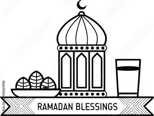 Ramadan blessings illustration with mosque, dates, and drink