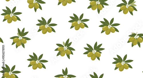 Traditional seamless pattern of olive branches with green leaves and ripe olives on a white background, perfect for Mediterranean themes.