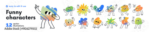 Funny characters set. Abstract cartoon shapes with happy smiling faces. Cute doodle blobs, funky figures with emotions, expressions. Comic emoji. Flat vector illustration isolated on white background