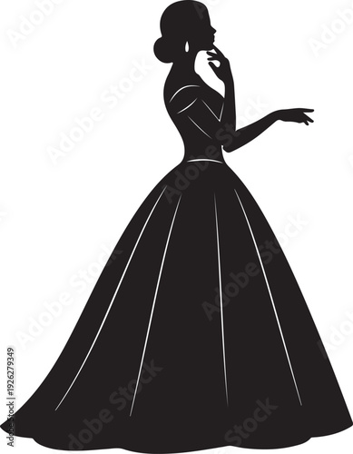 Elegant silhouette illustration of a graceful woman in a classic ball gown. Sophisticated female figure with an updo, posing with style, perfect for formal fashion and event designs