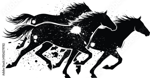 Two black horses running side by side in a dynamic motion