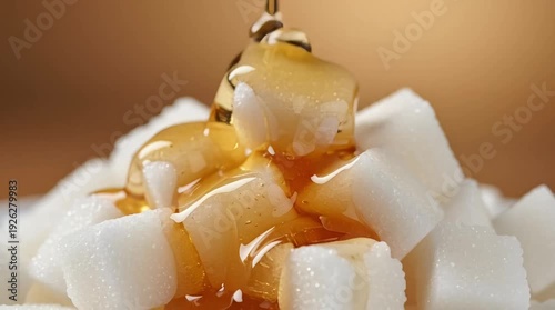 A close-up of golden honey drizzling over white granulated sugar cubes, set against a blurred warm brown background