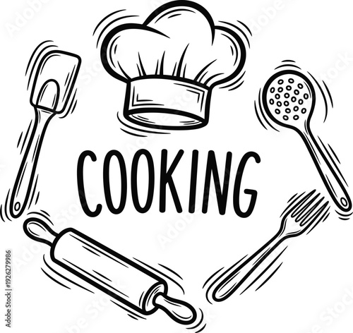 Hand drawn cooking logo with chef hat and kitchen utensils in doodle style illustration Vector